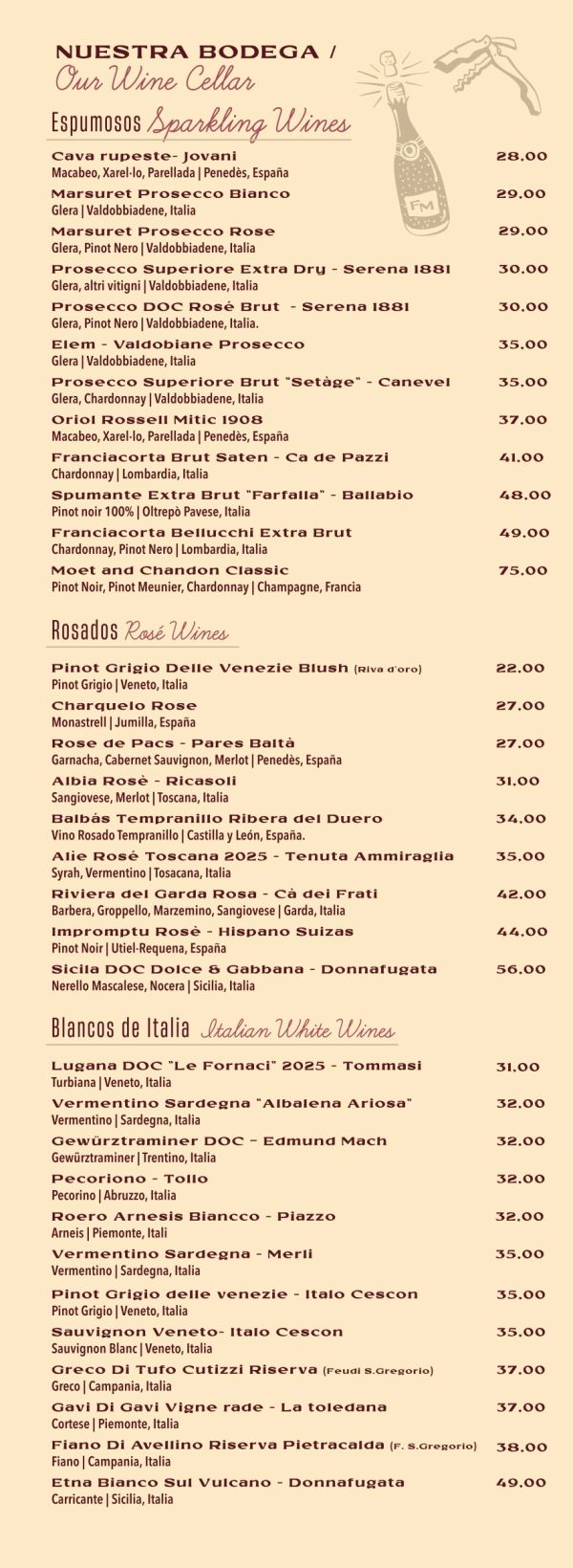 Menú de vinos espumosos, rosados y blancos de Italia y España.