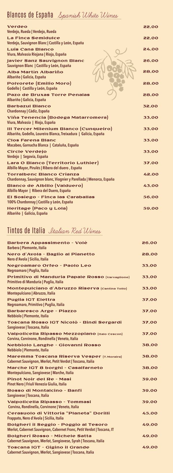 Lista de vinos blancos y tintos de España e Italia con precios.