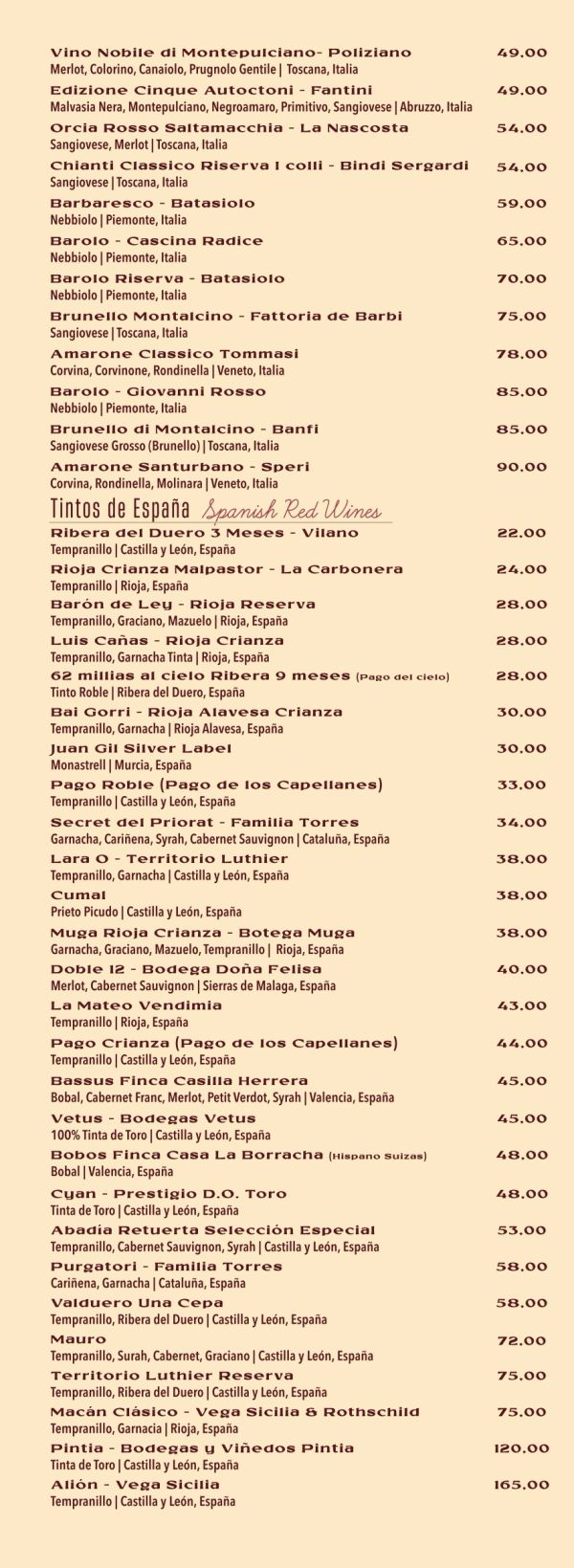 Menú de vinos tintos italianos y españoles con precios.