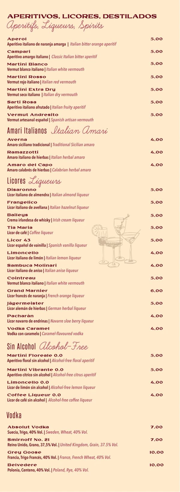 Menú de aperitivos, licores, destilados, sin alcohol y vodka con precios.