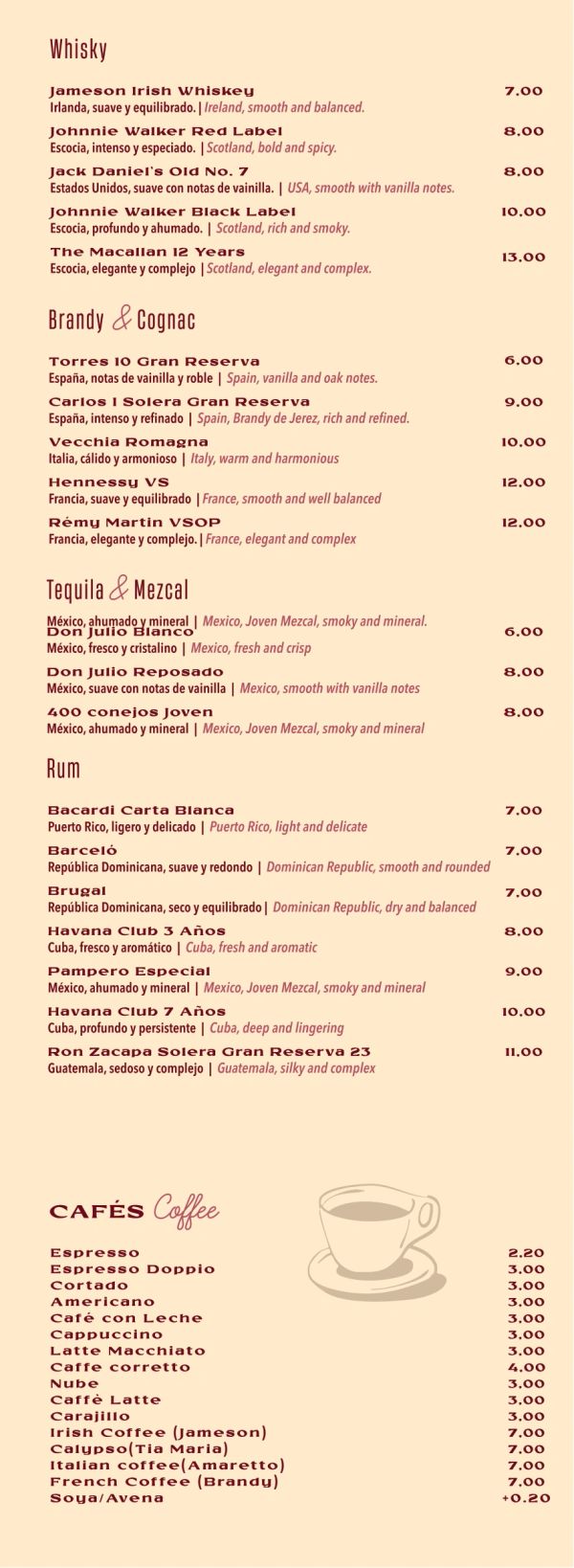 Menú de bebidas con whisky, brandy, tequila, ron y cafés.