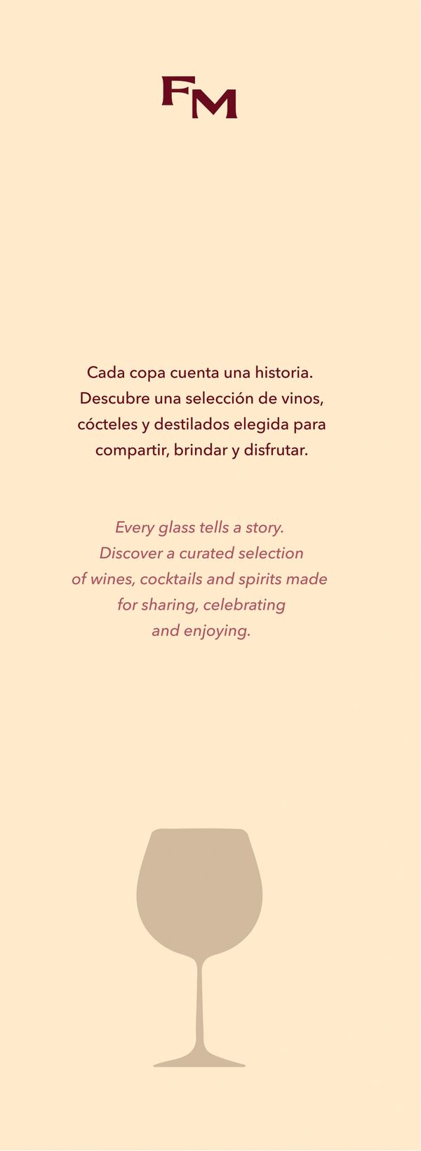 Anuncio sobre la selección de vinos, cócteles y destilados para compartir.