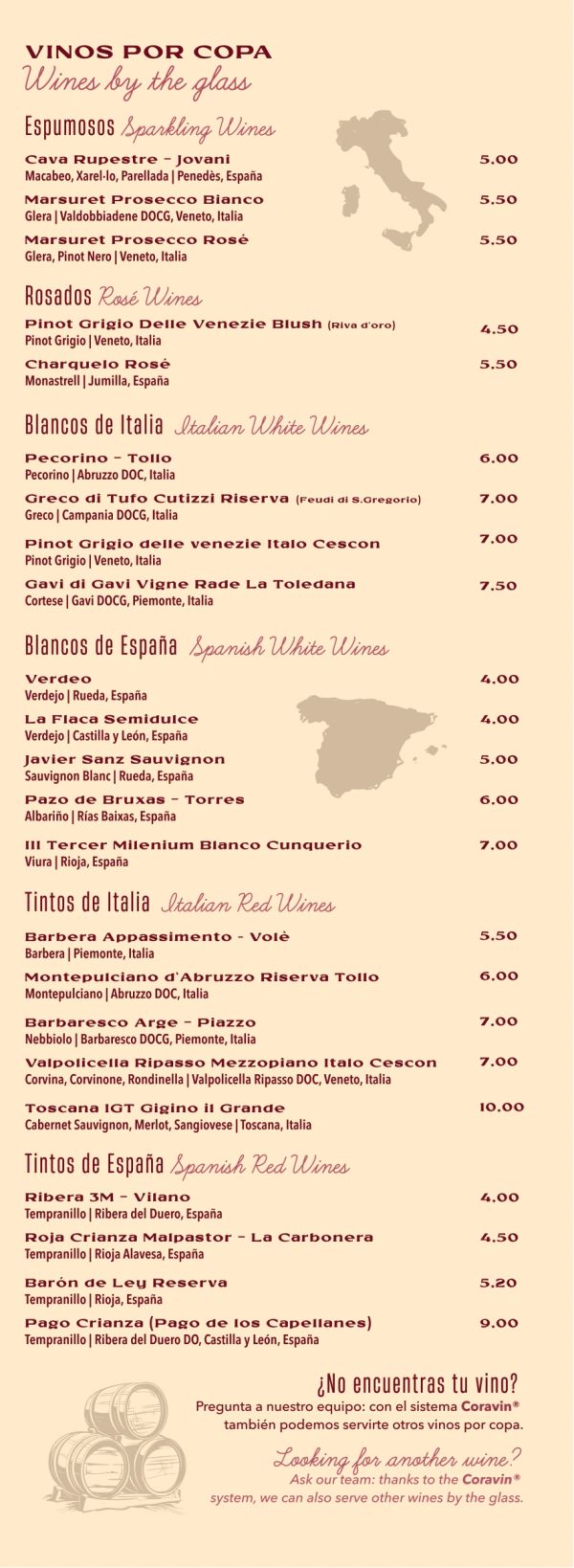 Menú de vinos por copa con selección de vinos espumosos, rosados, blancos y tintos de Italia y España.