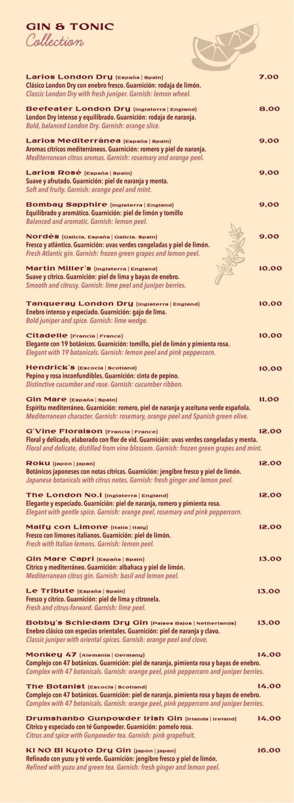Carta de cócteles Gin &amp; Tonic con descripción de ingredientes y precios.