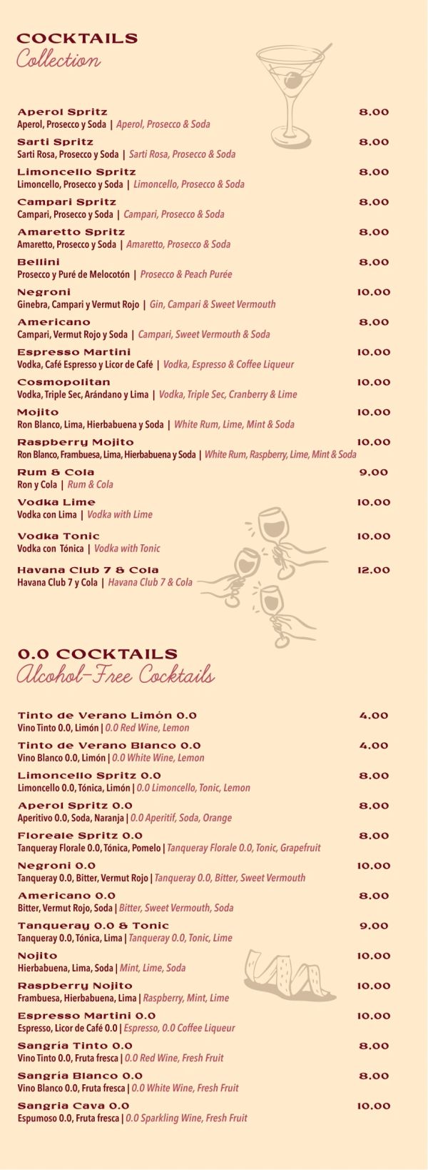 Menú de cócteles alcohólicos y sin alcohol con precios.