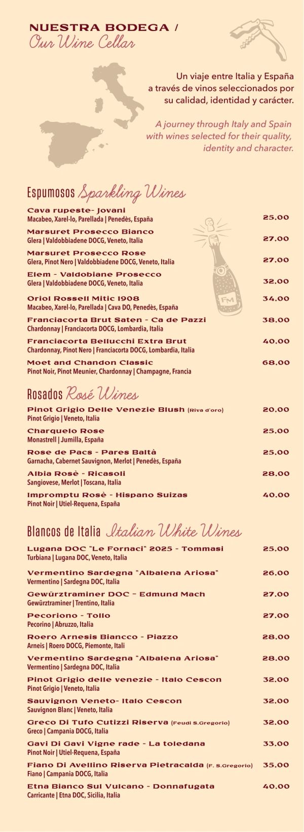 Lista de vinos con opciones espumosas, rosadas y blancos de Italia y España.