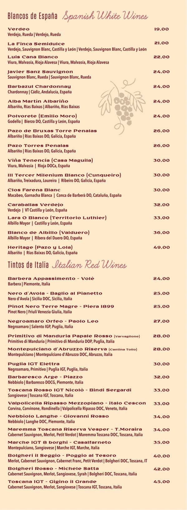 Lista de vinos blancos españoles y tintos italianos con precios.