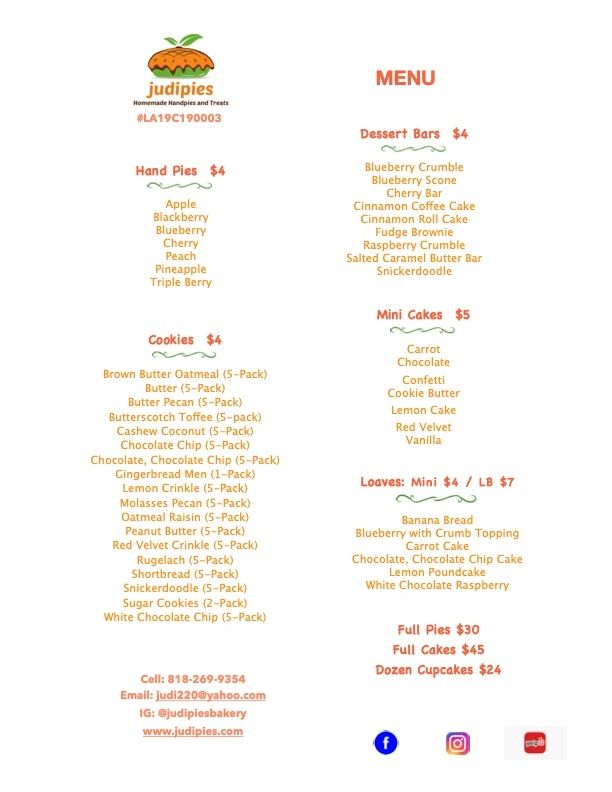 Judipies menu offering hand pies, cookies, dessert bars, mini cakes, loaves, full pies, cakes, and cupcakes.