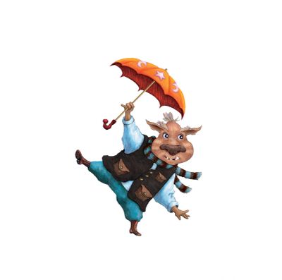 A cheerful anthropomorphic hippo holding an orange umbrella and dancing.