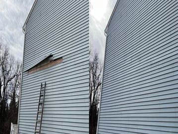 Before and after vinyl siding repair with damaged siding replaced and color matched for a seamless r