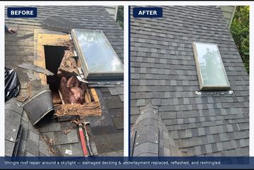Before and after skylight roof repair with new roof decking, flashing, and asphalt shingles.