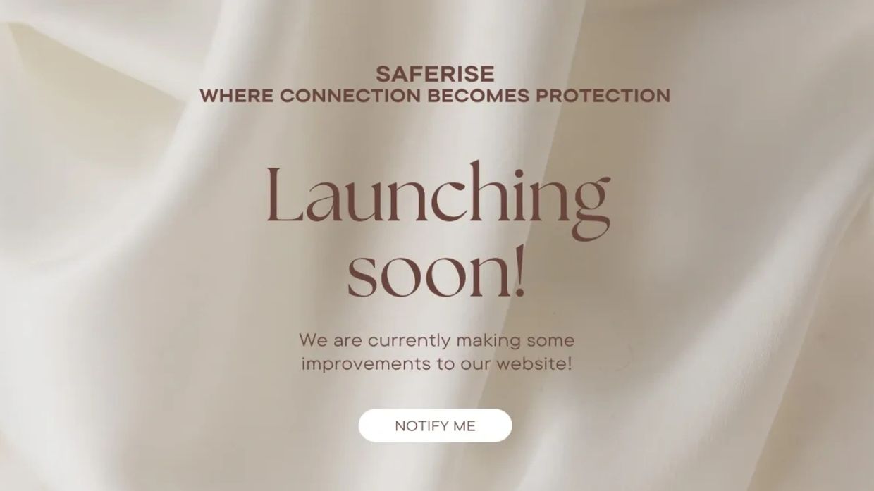 Announcement for Saferise website launching soon with a notification option.