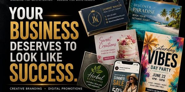 Various promotional materials showcasing business branding and marketing.