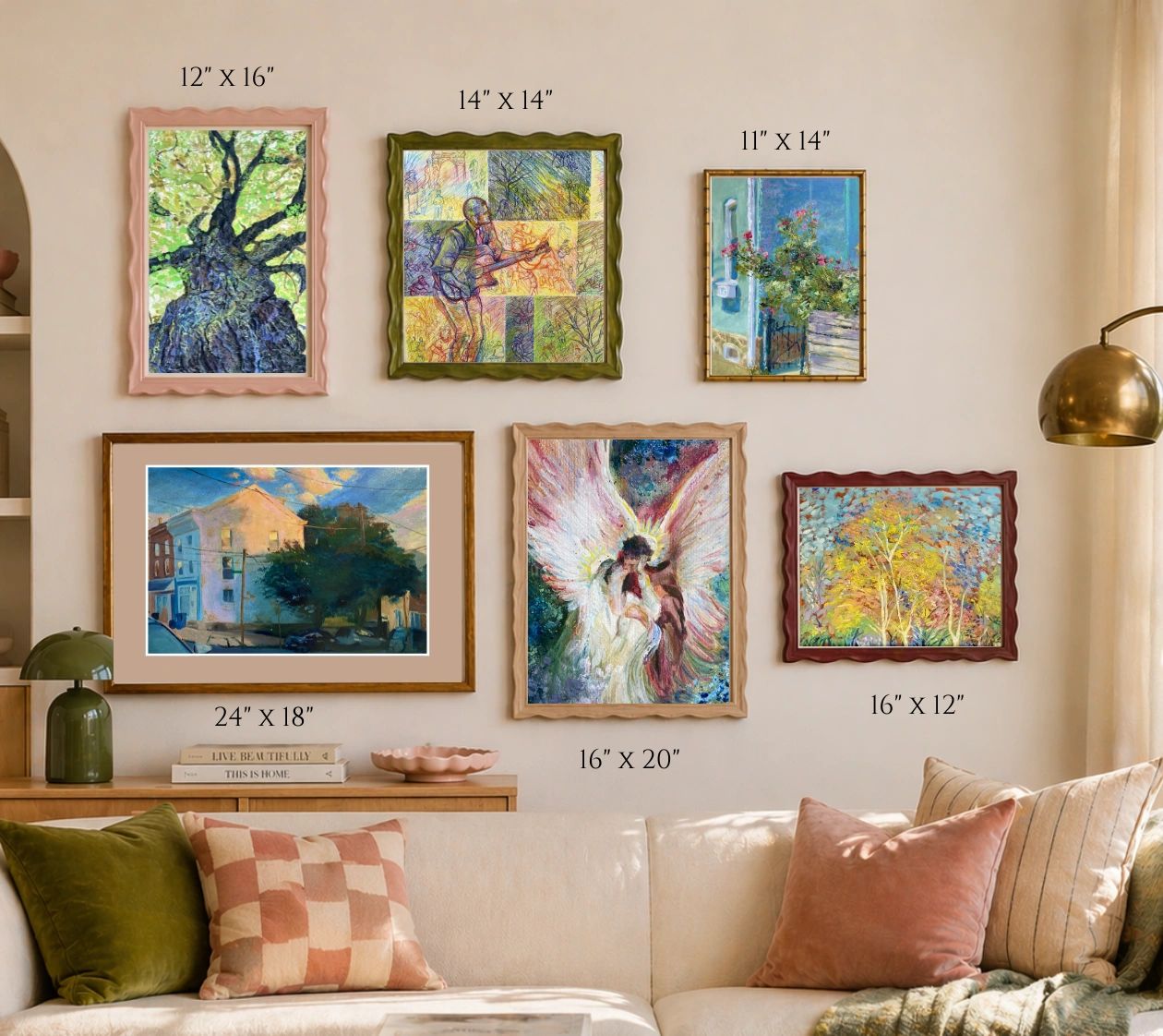Cozy living room with six framed paintings above the sofa, each labeled with its dimensions.
