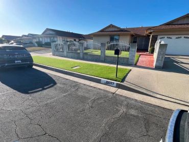 Sunny street view with houses and parked cars.