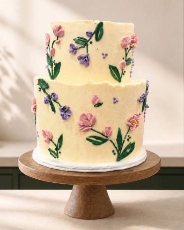 Two-tiered cake with pastel floral decorations.