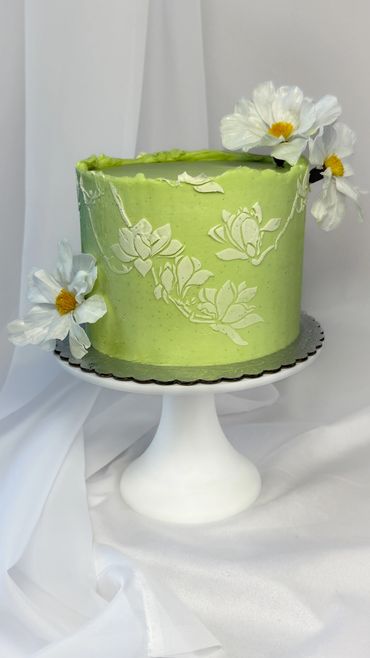 Custom  wedding buttercream cake, Sister Bay, Door County,  WI, cake stencil 