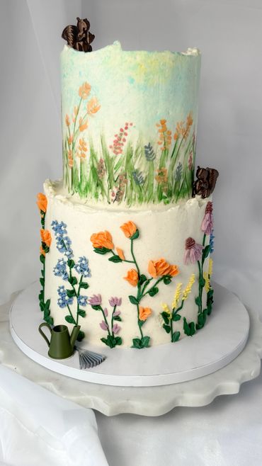 Custom  wedding two-tier buttercream cake, Sister Bay, Door County,  WI, hand painted 