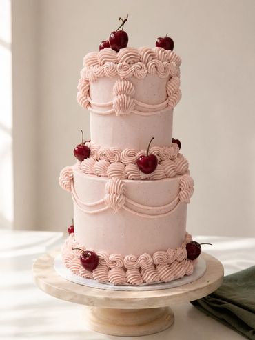 Two-tier pink cake decorated with cherries and frosting swirls.