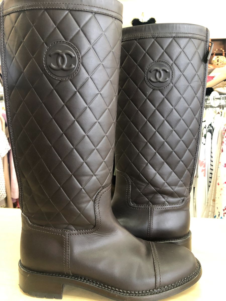 Authentic Chanel Women tall grey Leather Riding boots flat CC Knee high 39.5