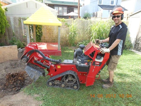 Stump grinding machine gringing a stump in backyard