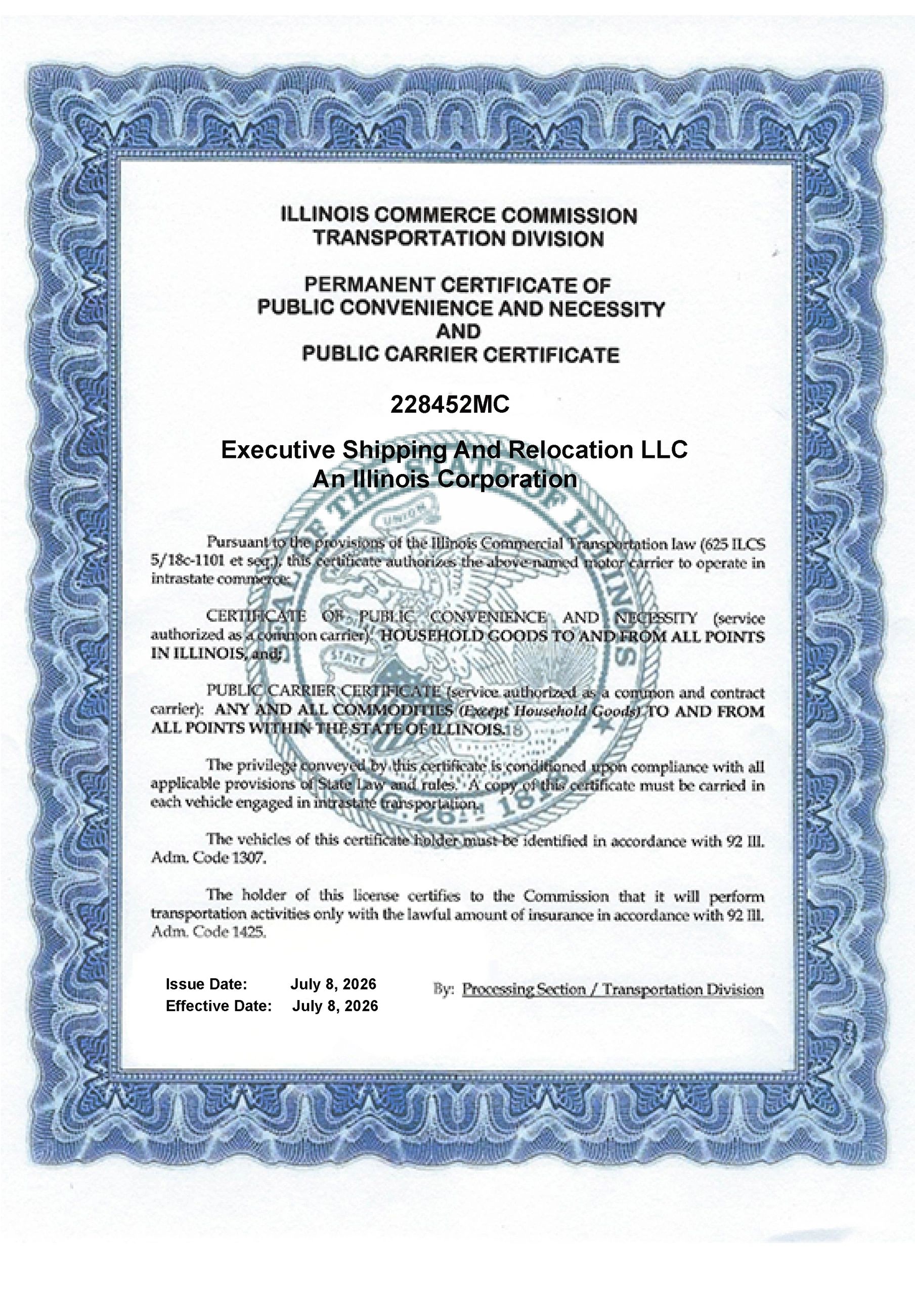 Illinois Commerce Commission certificate for Executive Shipping And Relocation LLC.