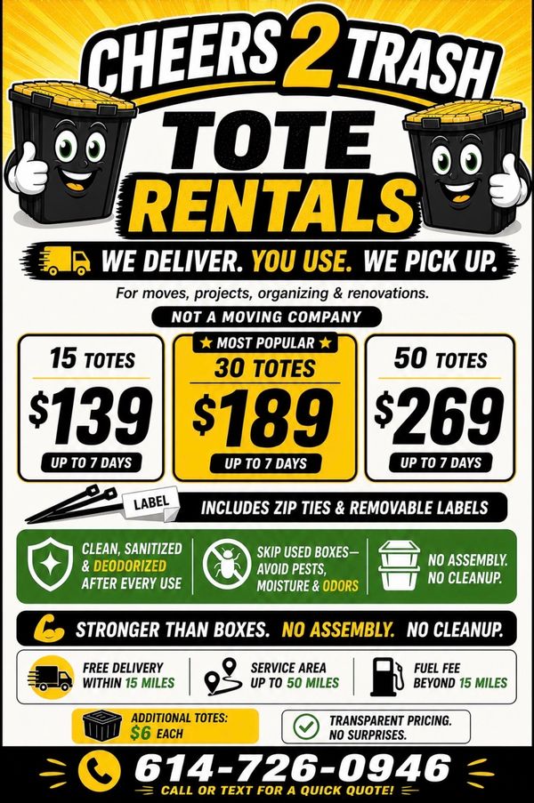 Cheers 2 Trash tote rentals with delivery, use, and pick up services at competitive rates.