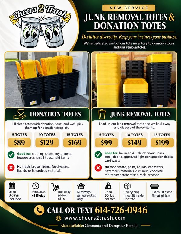 Cheerful junk removal and donation tote service with pricing and guidelines.