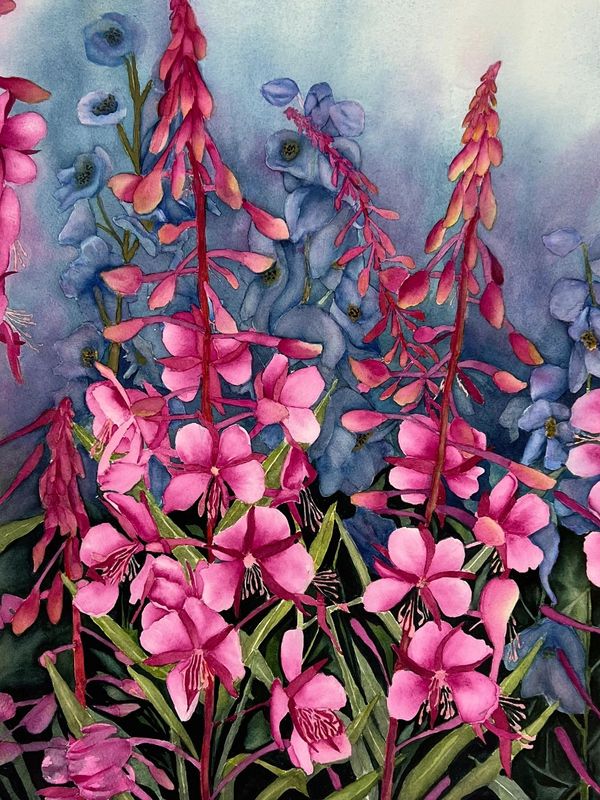 Vibrant pink and purple flowers blooming with green leaves in a watercolor style.