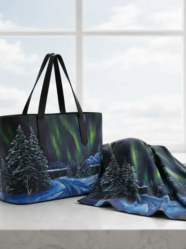 Vegan Leather Tote Bag featuring "Sky Dance"custom art printed from my original acrylic painting
