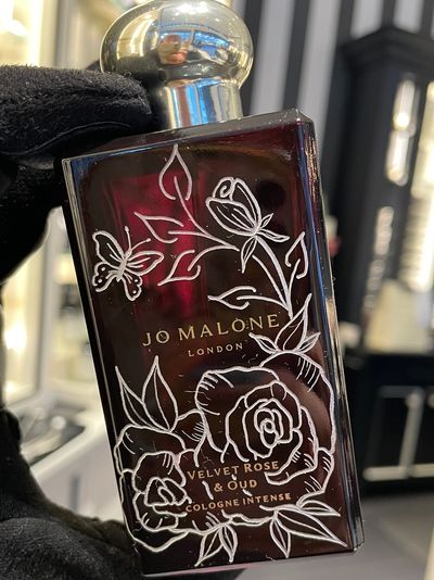 Jo Malone Velvet Rose cologne engraved with roses and butterfly hand engraver in San Diego Lisa McCa
