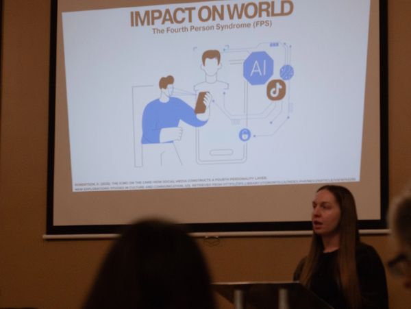 A woman presenting on 'Impact on World' and Fourth Person Syndrome with AI and social media graphics.