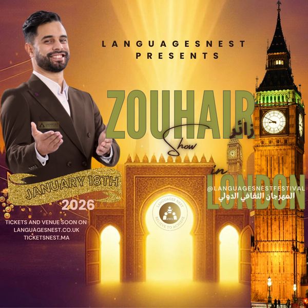 Promotional poster for Zouhair Show at LanguagesNest Festival on January 18, 2026.