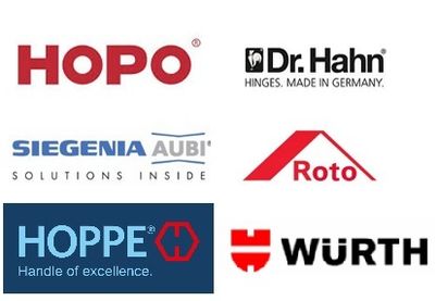 Logos of six hardware and hinge brands including HOPO, Dr. Hahn, Siegenia Aubi, Roto, Hoppe, and Würth.