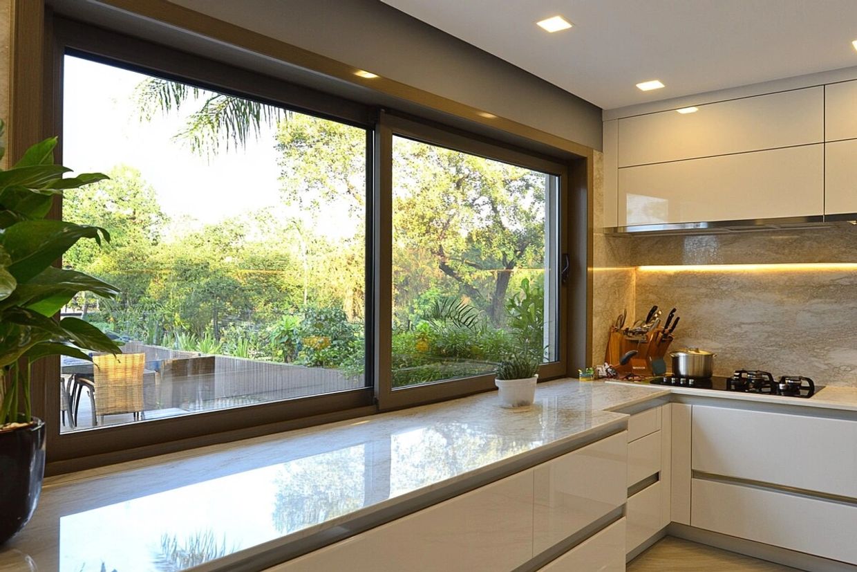 Bright modern kitchen with large windows overlooking greenery.