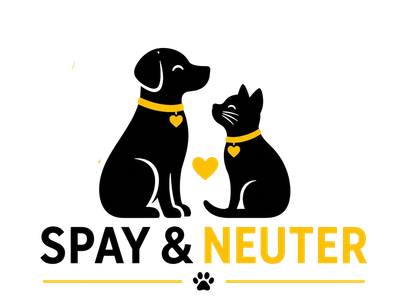Spay and neuter pets awareness logo with dog and cat silhouettes.