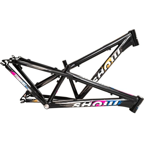 Black mountain bike frame with colorful SHOW branding.