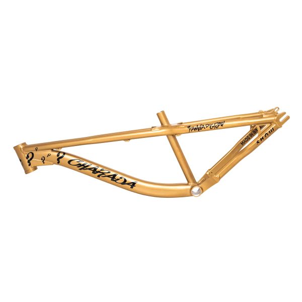Golden bicycle frame with black text and question marks on a white background.