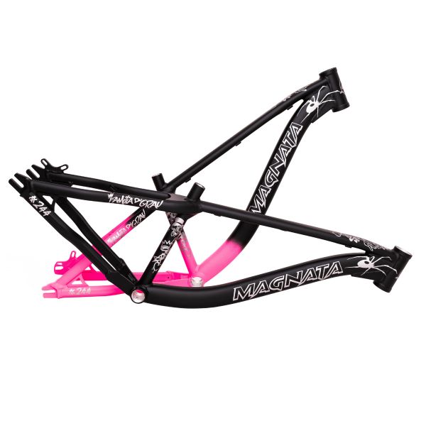 Black and pink MAGNATA bike frame with white graphics and text.