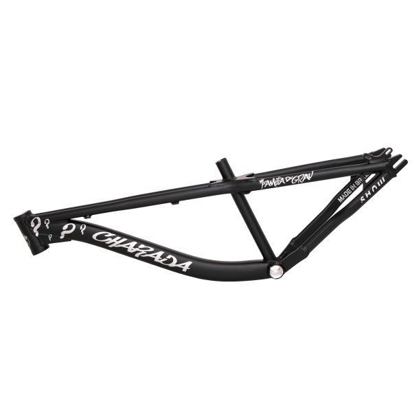 Black BMX bike frame with white text and question mark design.