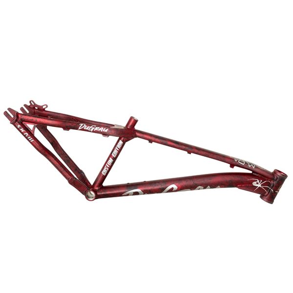 Red Dugrau BMX bike frame with white logos and text.