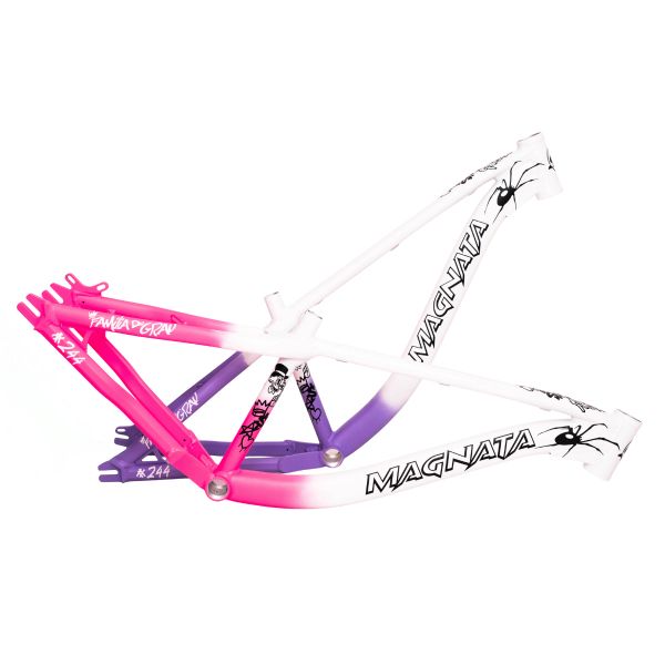 Colorful Magnata bike frame with pink, purple, and white gradient and spider graphics.