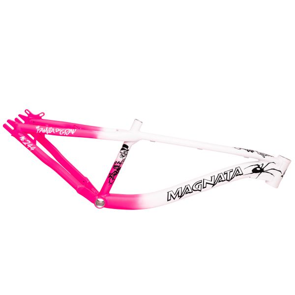 Pink and white BMX bike frame with spider graphic and Magnata branding.