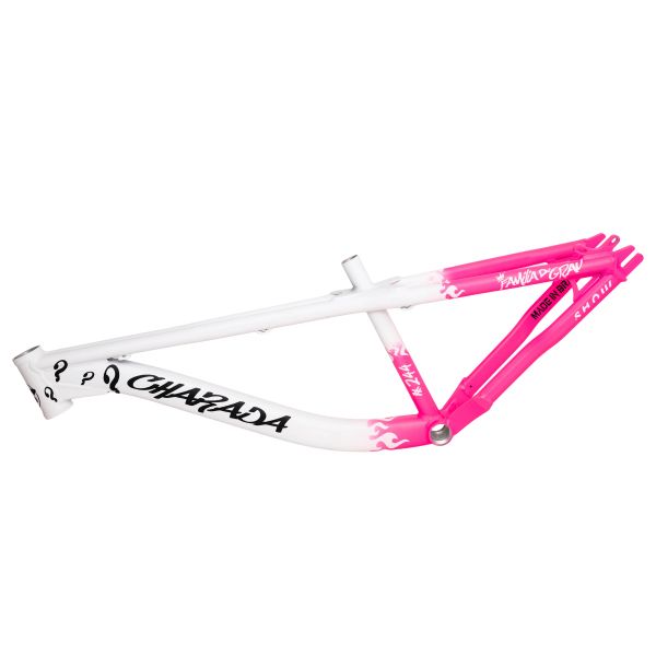 Pink and white bike frame with graffiti-style text and flame accents.