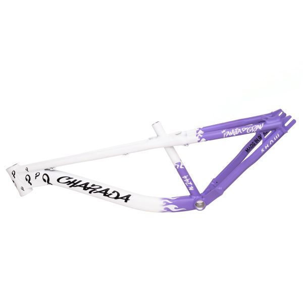 Purple and white Chapada bike frame with flame design.