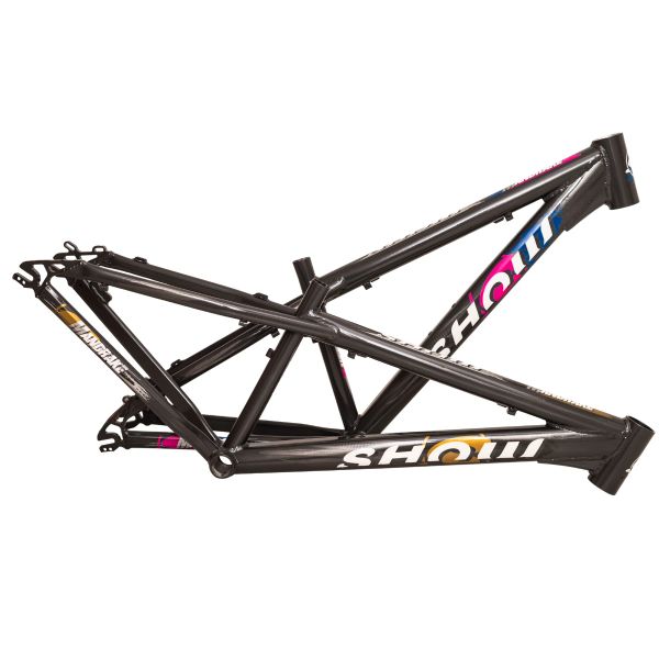 Black Show mountain bike frame with colorful logo accents.
