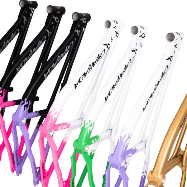 Colorful bicycle frames with gradient paint and flame designs.