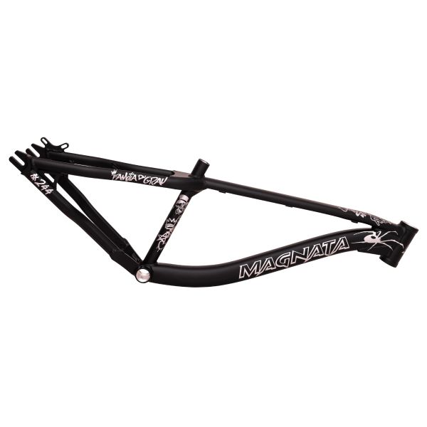 Black BMX bike frame with white graphics and "MAGNATA" branding.