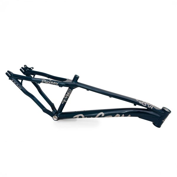 Black DuGraw bicycle frame with white branding design.
