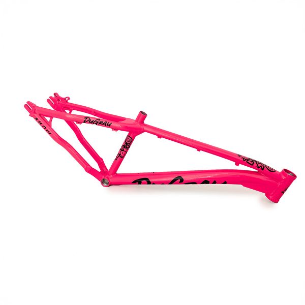 Bright pink bicycle frame with black accents and brand name.